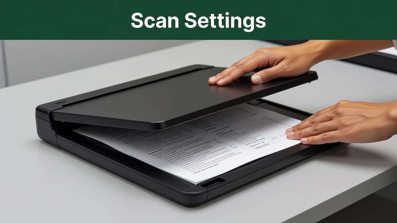 A person lowers a professional scanner lid over an official academic transcript on a clean desk. A dark green header with white text identifies the digital interface settings above the document.