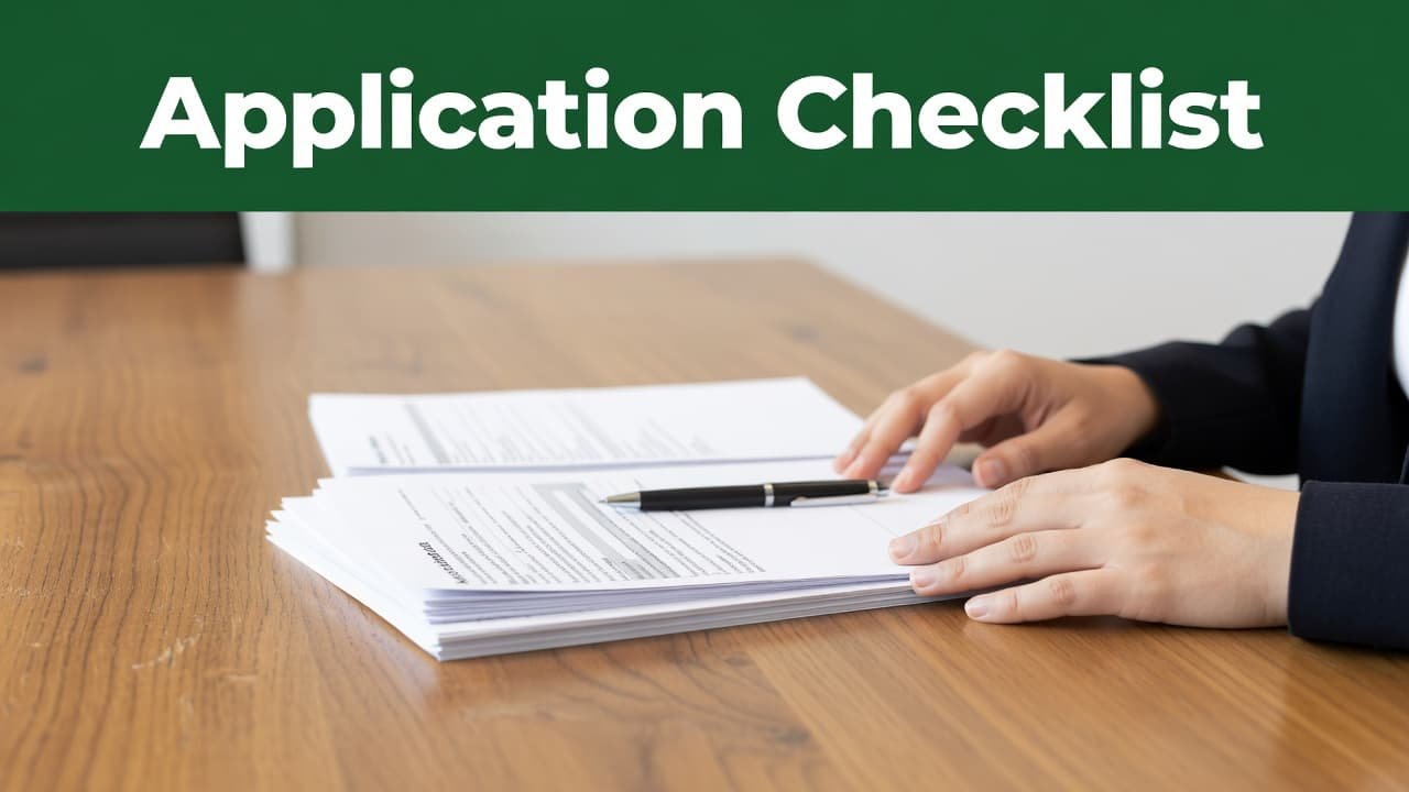 Organized papers and a metal pen sit on a mahogany desk while a person's hands rest nearby. A bold green header banner with white sans-serif text displays the words Application Checklist.