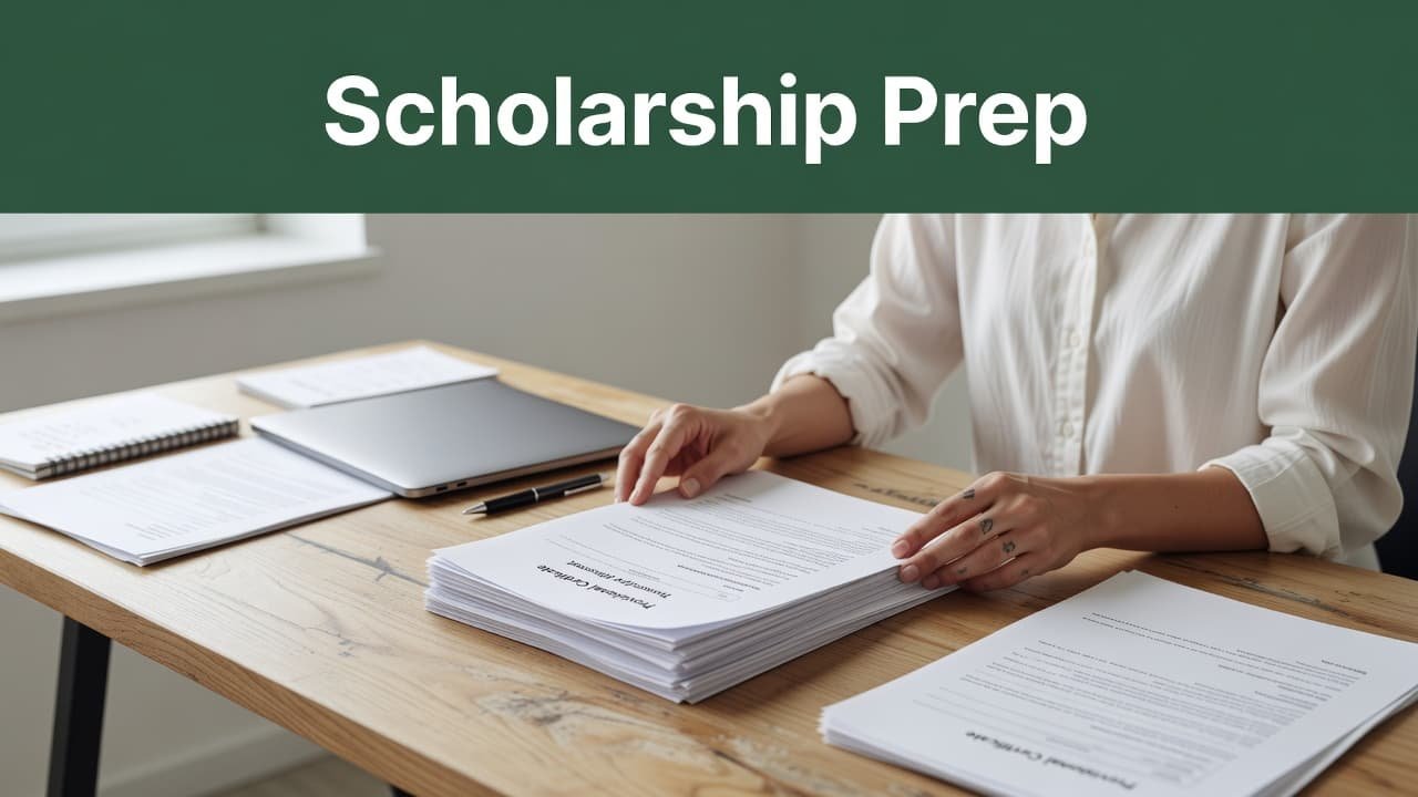 A student's hands organize academic documents and forms upon a polished wooden desk surface. Soft natural light illuminates the workspace, while a bold header identifies the session as scholarship preparation material.