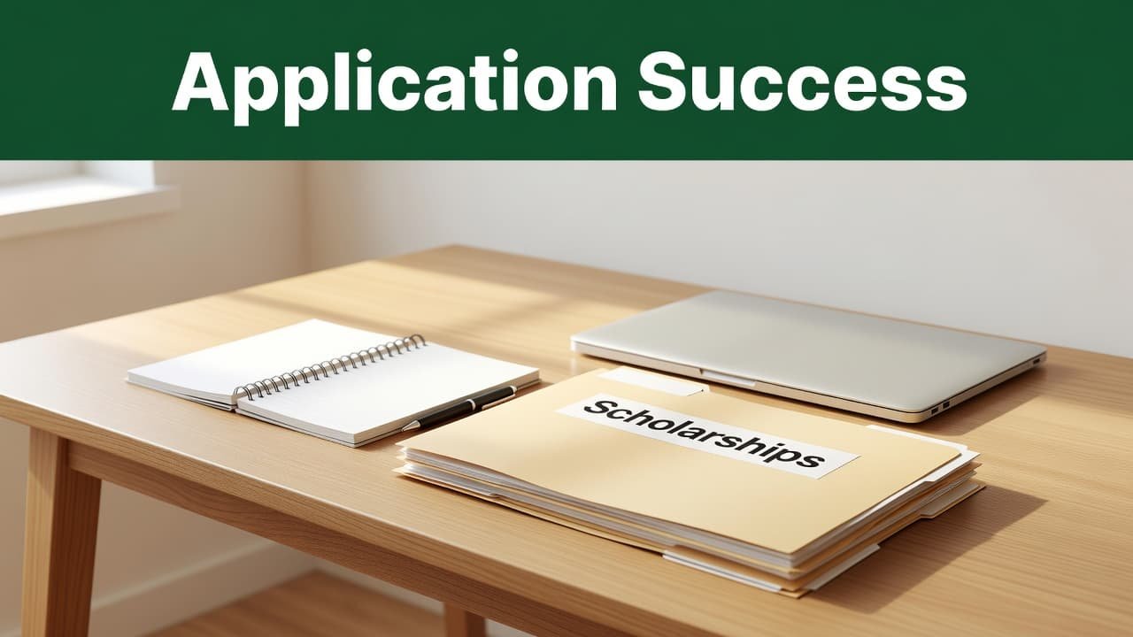 A clean wooden desk features a neatly placed folder labeled Scholarships beneath warm ambient lighting. The composition includes a bold dark-green header strip displaying clean white typography about application success.