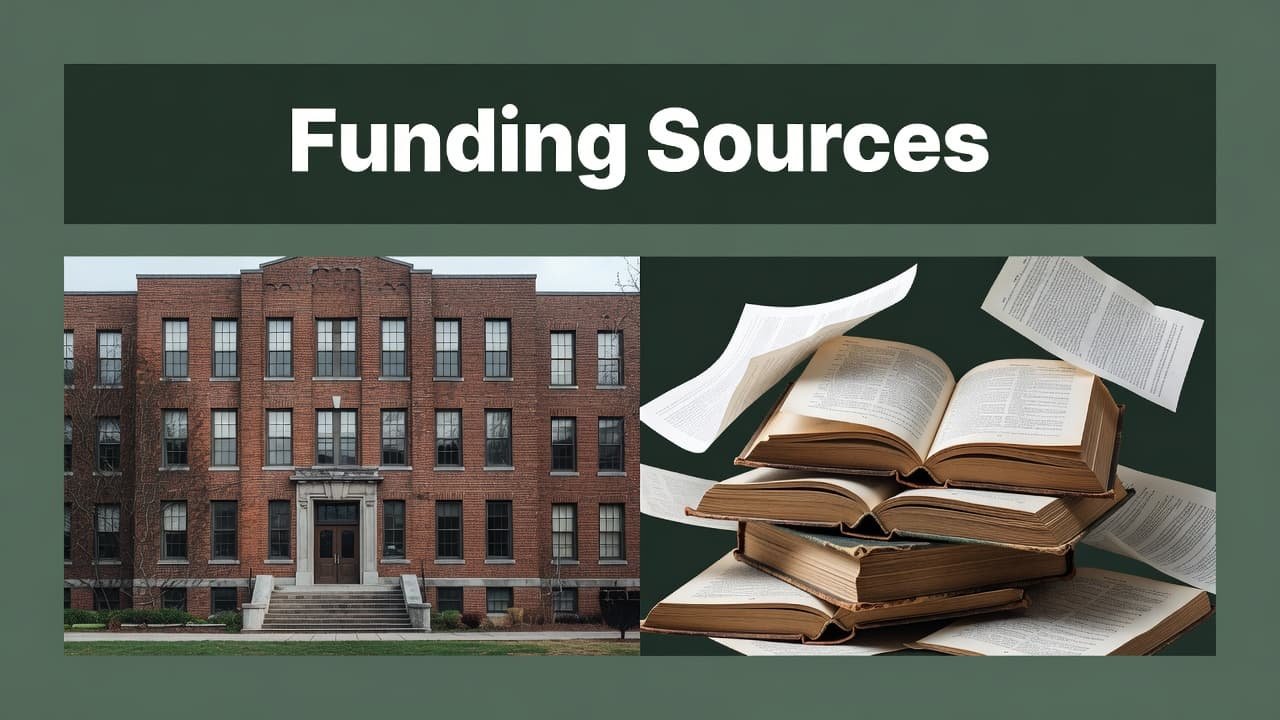 A dark green horizontal header with the title sits above a split visual. On the left, a university building represents internal programs, while the right displays academic texts showing external options.