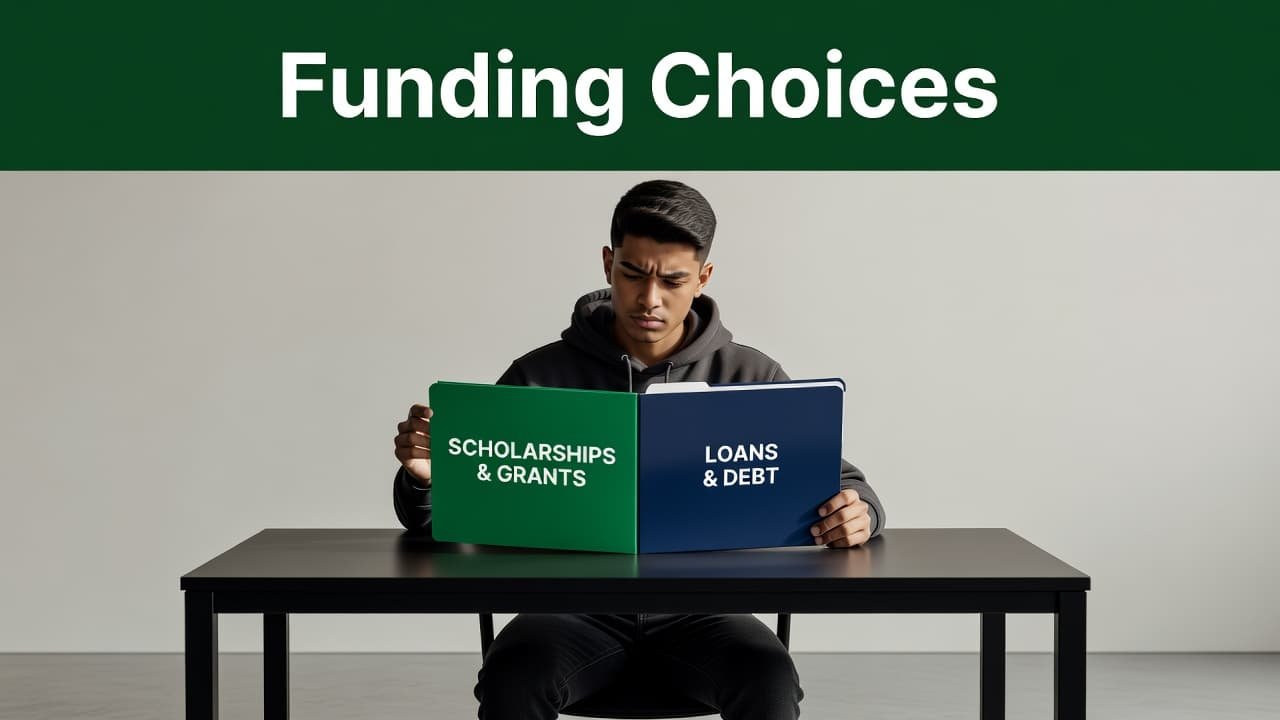 A focused student sits at a minimalist desk examining two distinct folders. A bold dark-green banner spans the top of the frame featuring clean geometric sans-serif text regarding financial decisions.