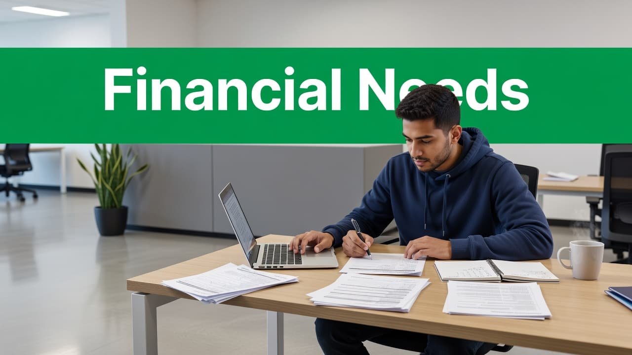 A focused student sits at a tidy desk reviewing important paper documents and a laptop computer. A bold green header bar spans the top with white text labeled Financial Needs.