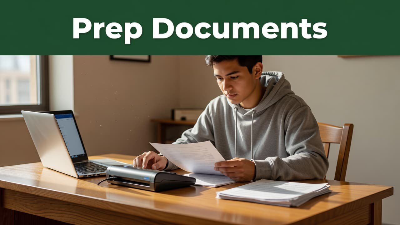A focused student sits at a tidy wooden desk using a document scanner to digitize papers. Warm morning sunlight illuminates the workspace, while a green banner rests at the image top.
