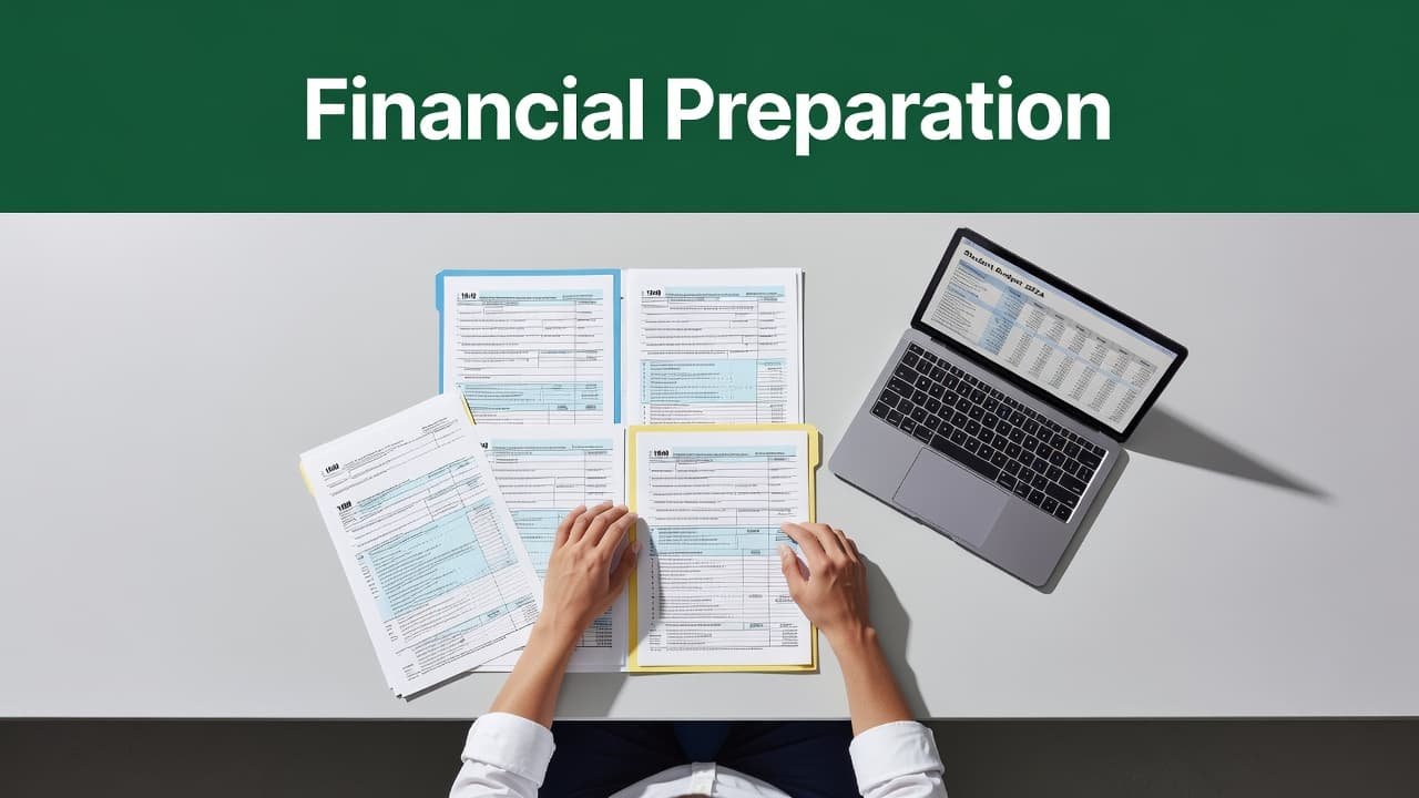 A student sits at a clean, minimalist desk carefully arranging tax forms and financial paperwork near a laptop. Bright lighting highlights the organized documents set against a bold green accent header.