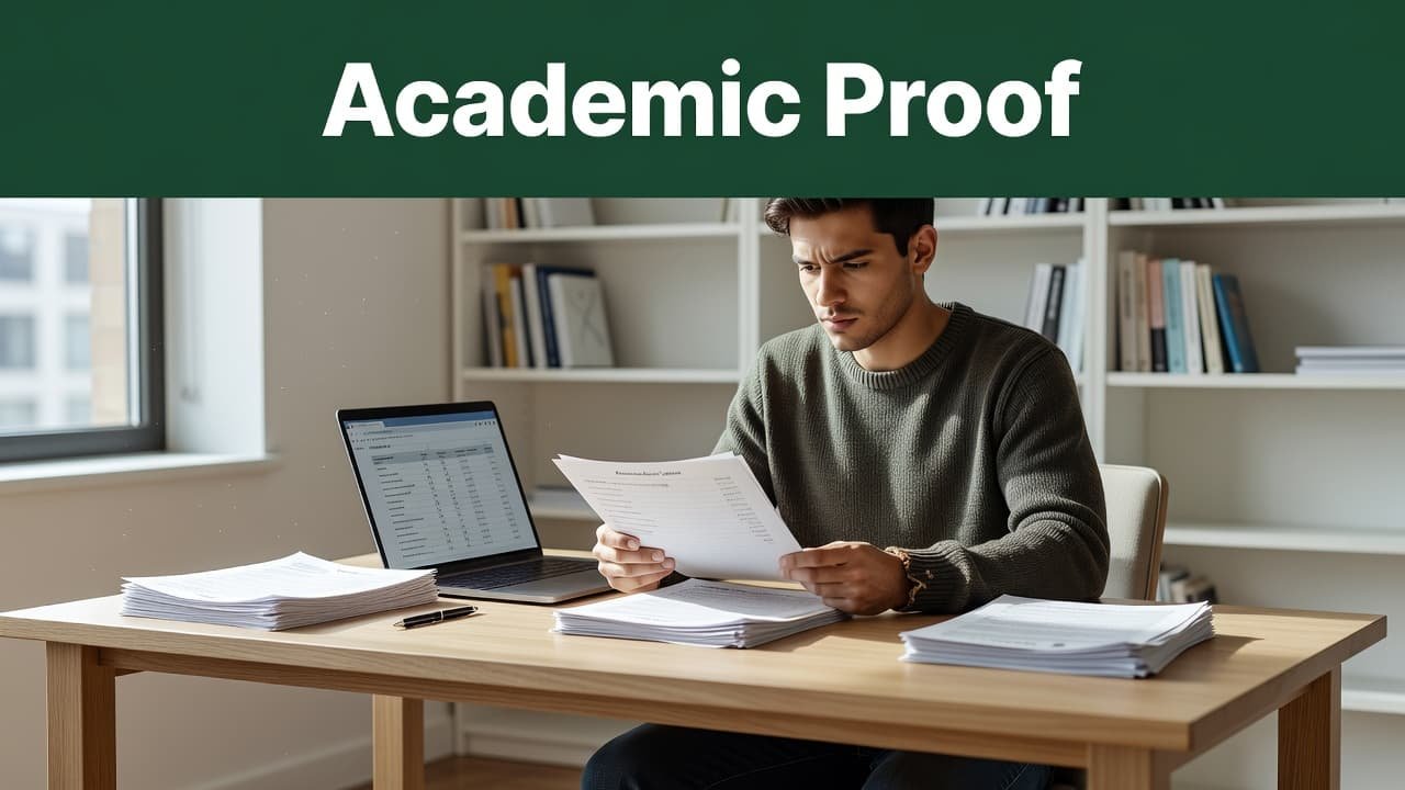 A focused student sits at a tidy desk organizing papers and a laptop in a bright room. A bold dark-green header at the top displays white text reading Academic Proof.