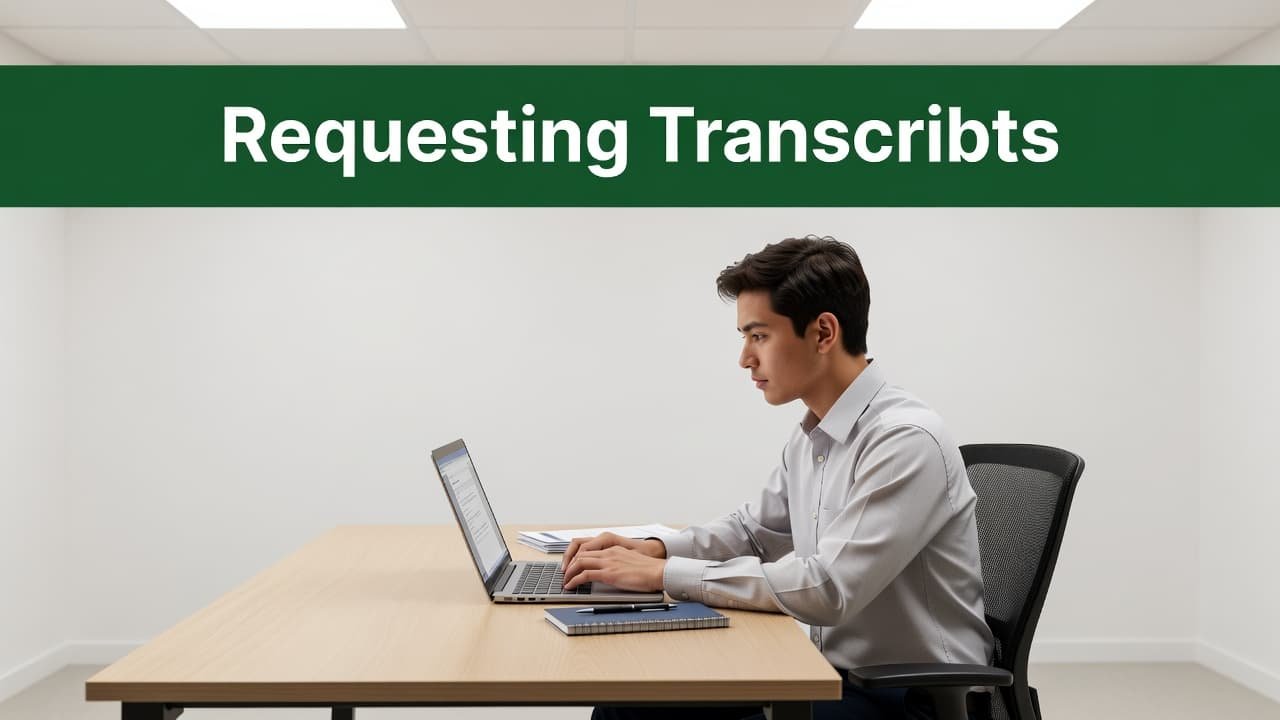 A student works at a tidy desk with a laptop under bright office lighting. A bold dark-green header at the top features the bold white text title Requesting Transcripts for students.