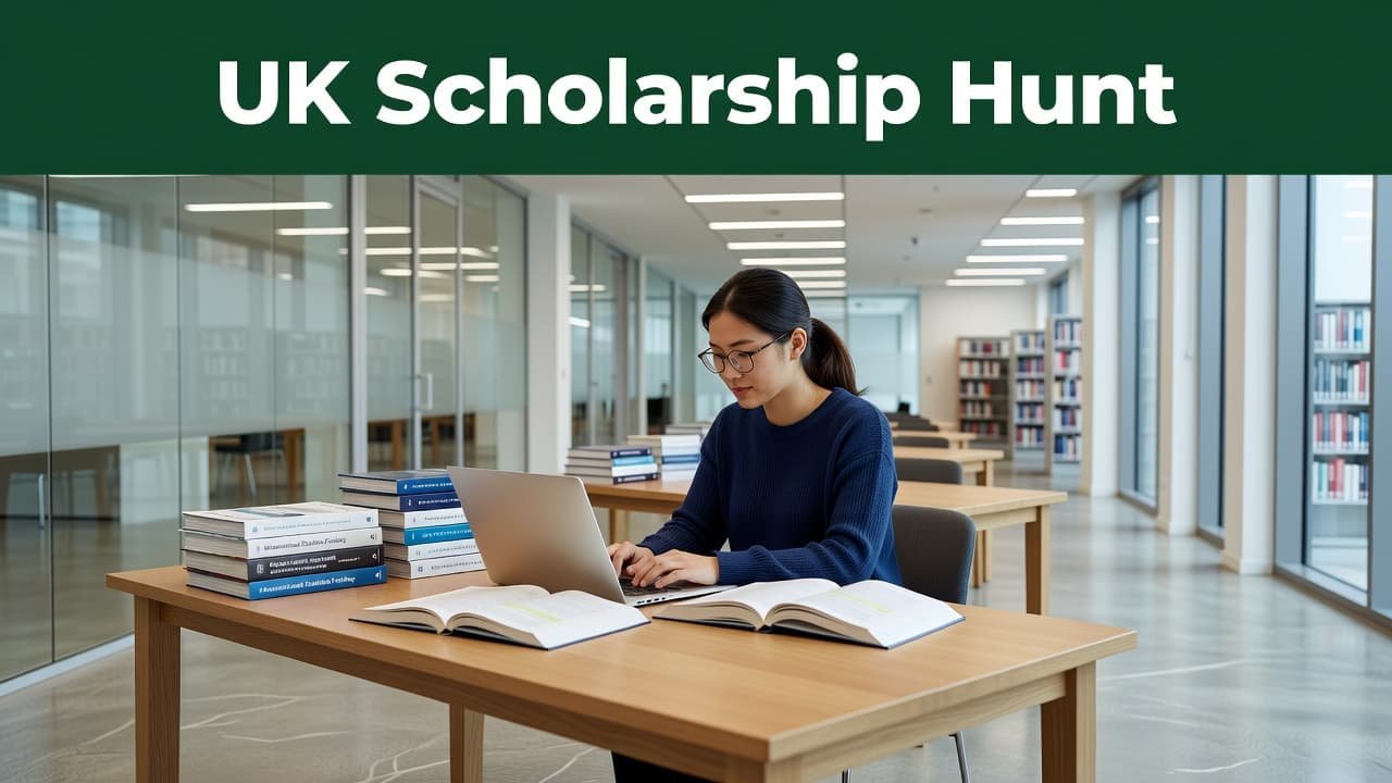 A focused student sits at a clean library table reading open books while typing on a laptop. A bold dark green header sits at the top displaying the UK Scholarship Hunt text.