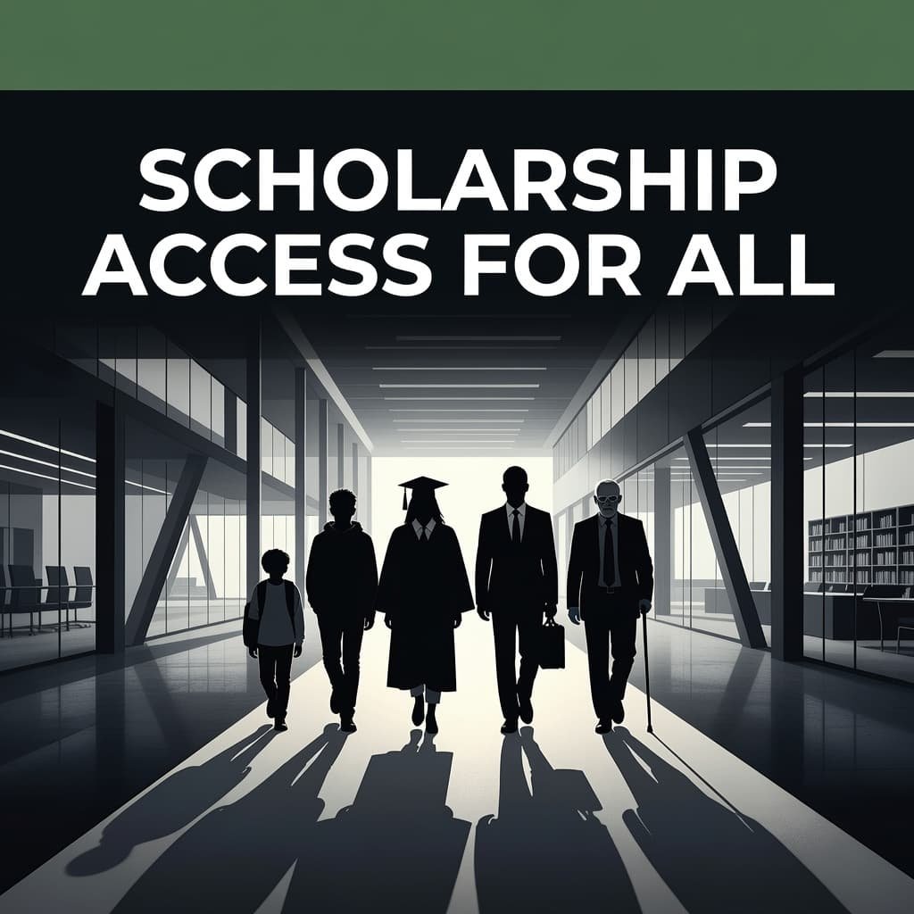 Silhouettes of people across various ages walk forward on a central path toward a bright horizon. A dark green header displays bold text regarding inclusive academic opportunities for every learner.