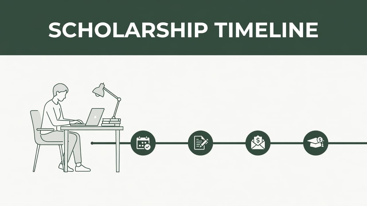 A dark green header displays white geometric text above a minimalist illustration. A focused student sits at a desk with an open laptop, representing the critical phase of early educational planning.
