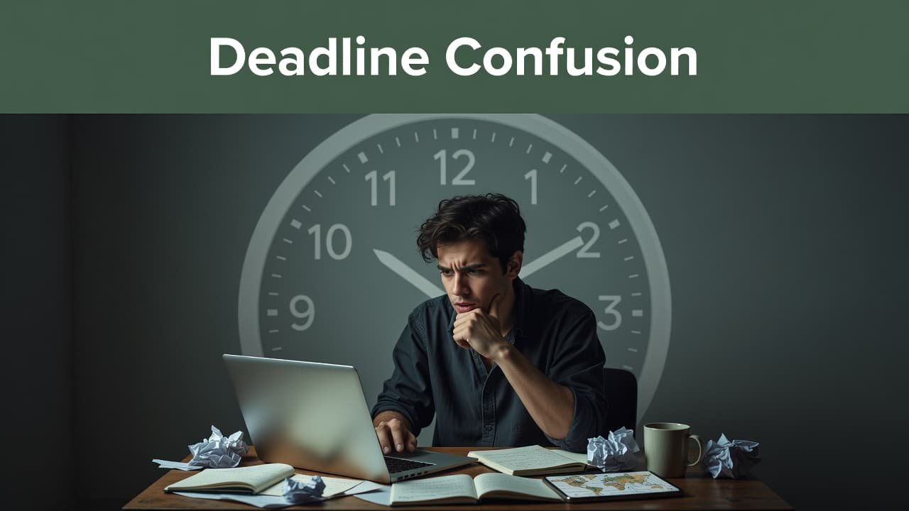 A student gazes intently at a glowing laptop screen with a frustrated expression. A massive, translucent clock face hangs in the background, while a dark green banner displays bold white text.