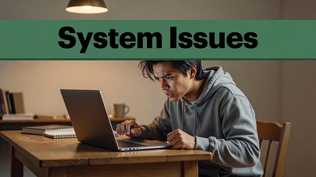 A student wearing a casual sweater sits at a wooden desk, frowning while staring at a laptop screen. A dark green header bar sits at the top of the frame.