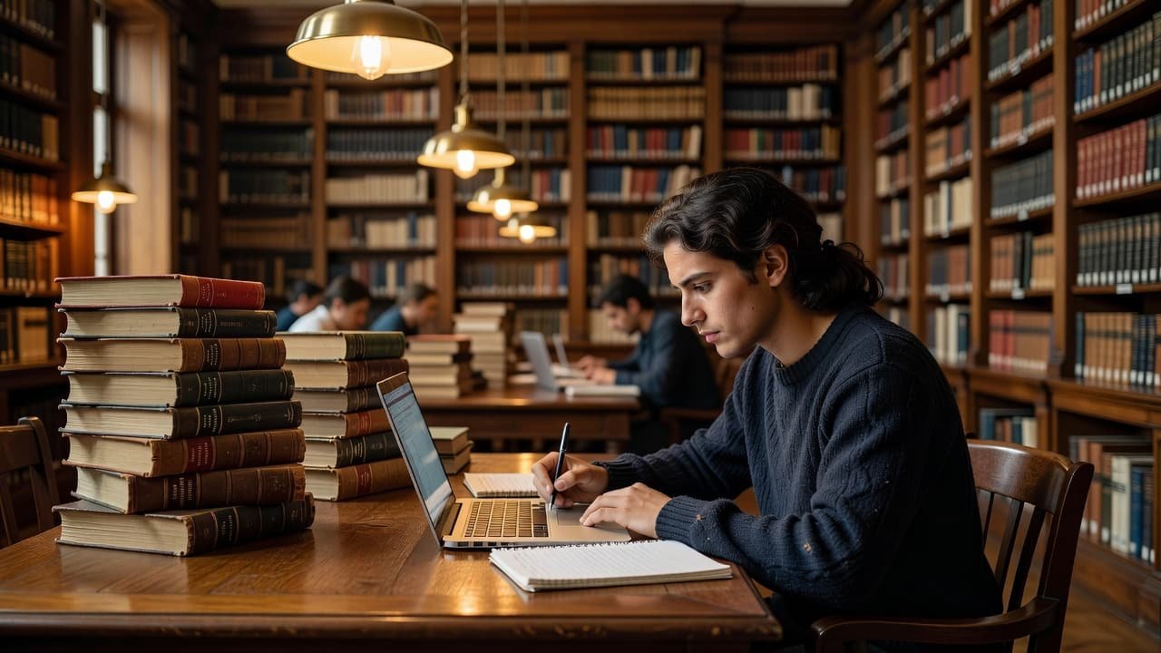 A focused student sits at a sturdy wooden desk surrounded by a tall stack of hardcover books and an open laptop. Warm ambient library light creates a cozy academic atmosphere.