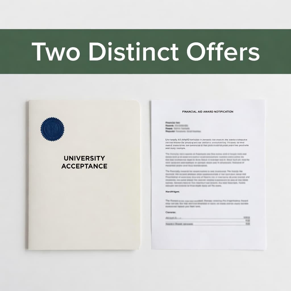 A university acceptance folder and a financial aid award document rest on a clean white surface. A dark green banner features the bold white text Two Distinct Offers above the papers.